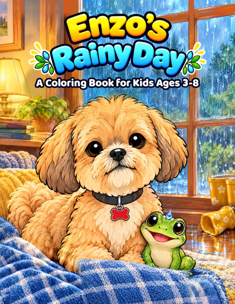 Original front cover of Enzo's Rainy Day, with ages 3–8 printed on the artwork.
