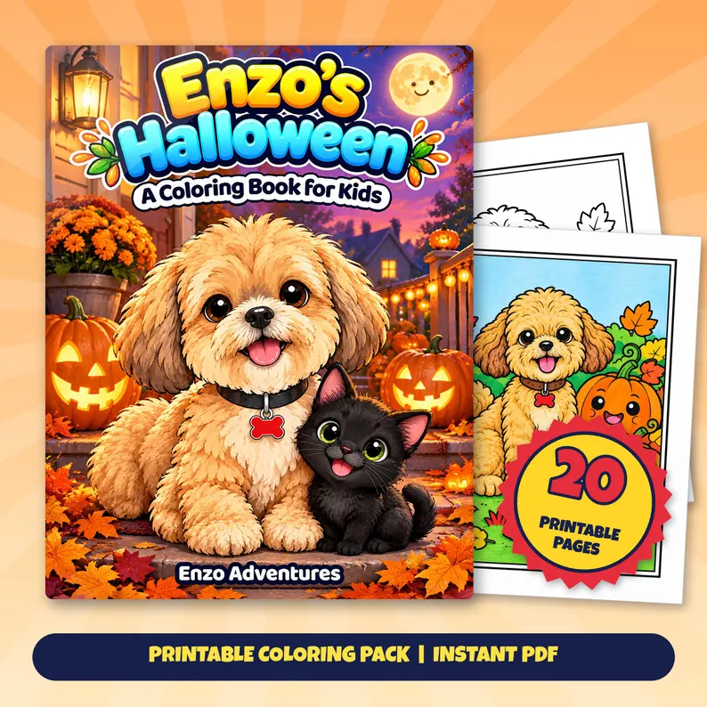 Square Etsy promotional artwork with a cover mockup and sample coloring pages for Enzo's Halloween: Enzo and a black kitten among pumpkins and autumn leaves.