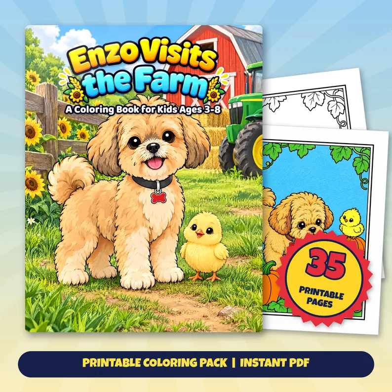 Square Etsy promotional artwork with a cover mockup and sample coloring pages for Enzo Visits the Farm: Enzo and a chick near a red barn and a tractor.