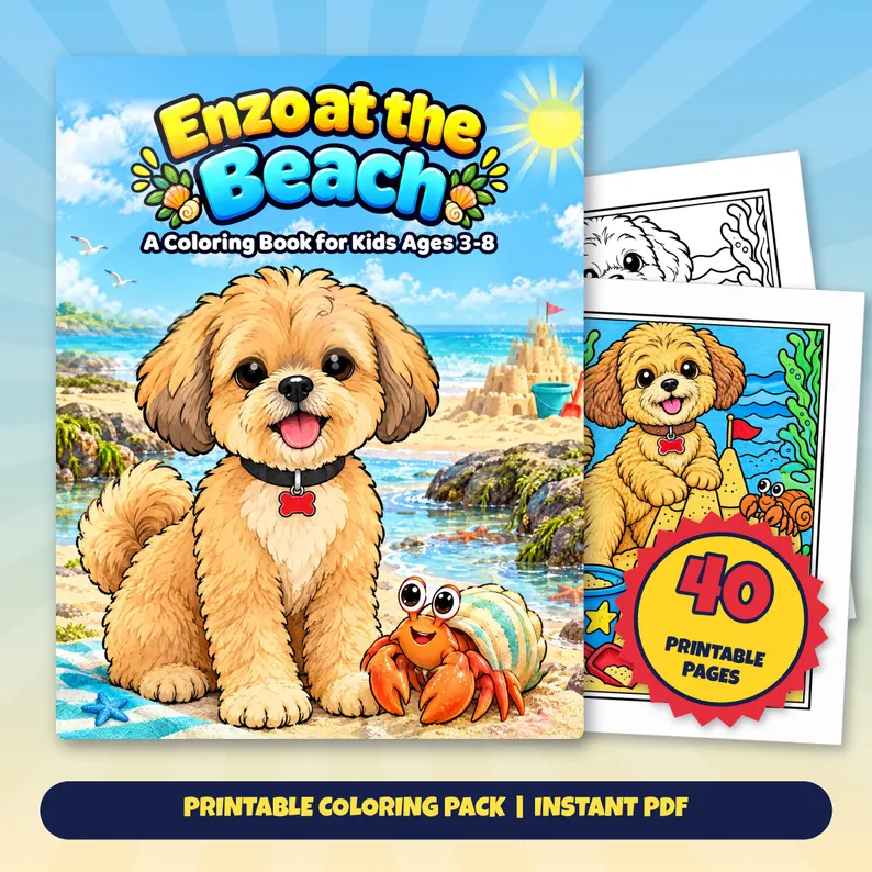 Square Etsy promotional artwork with a cover mockup and sample coloring pages for Enzo at the Beach: Enzo and a hermit crab on the shore beside a sandcastle.