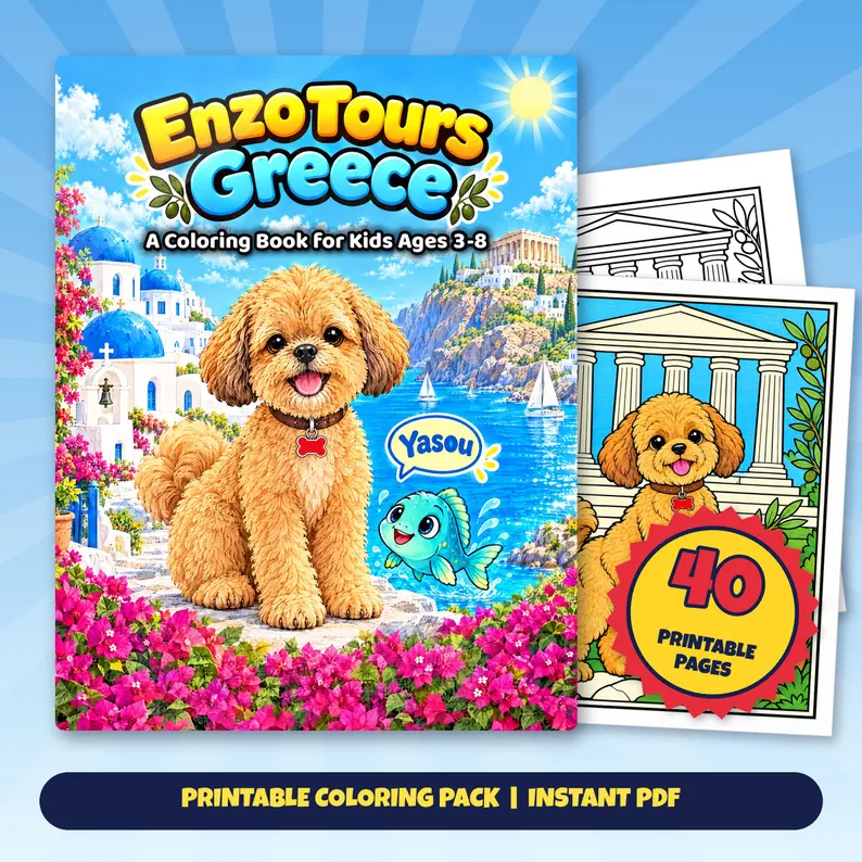 Square Etsy promotional artwork with a cover mockup and sample coloring pages for Enzo Tours Greece: Enzo and a fish beside the sea, white buildings, and blue domes.