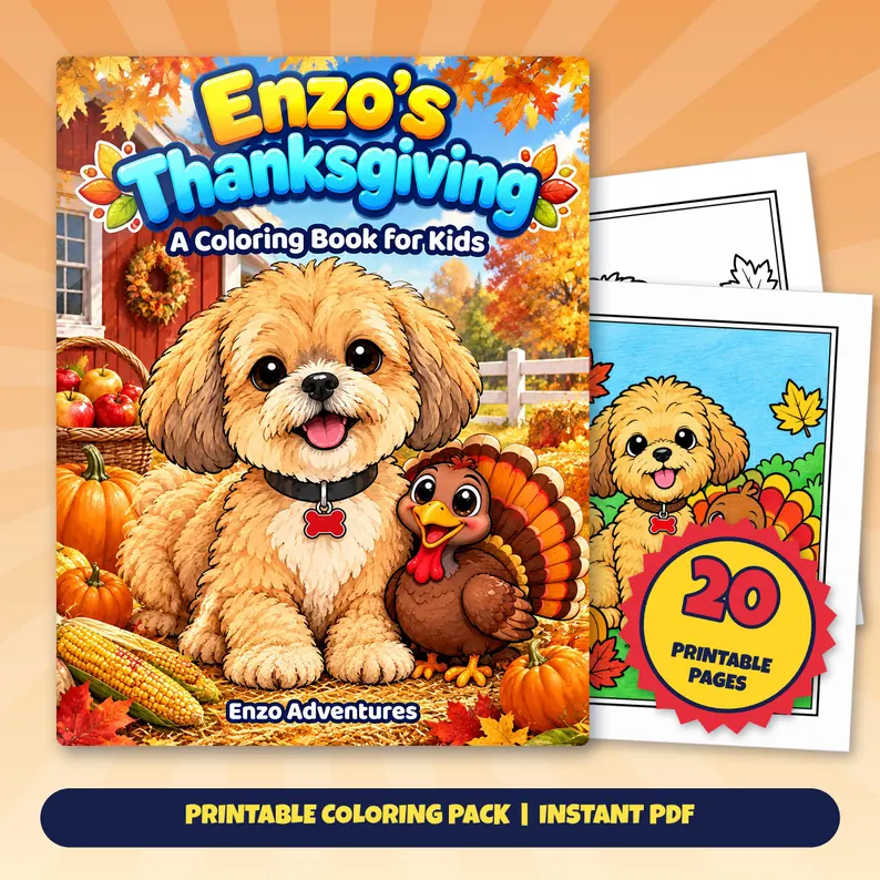 Square Etsy promotional artwork with a cover mockup and sample coloring pages for Enzo's Thanksgiving: Enzo and a turkey among pumpkins and autumn leaves.
