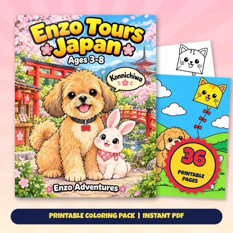 Square Etsy promotional artwork with a cover mockup and sample coloring pages for Enzo Tours Japan: Enzo and a bunny among cherry blossoms and red garden bridges.