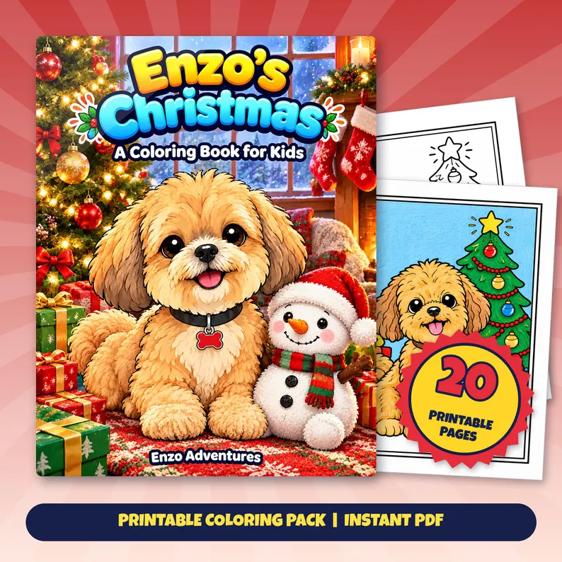 Square Etsy promotional artwork with a cover mockup and sample coloring pages for Enzo's Christmas: Enzo beside a snowman, presents, stockings, and a Christmas tree.
