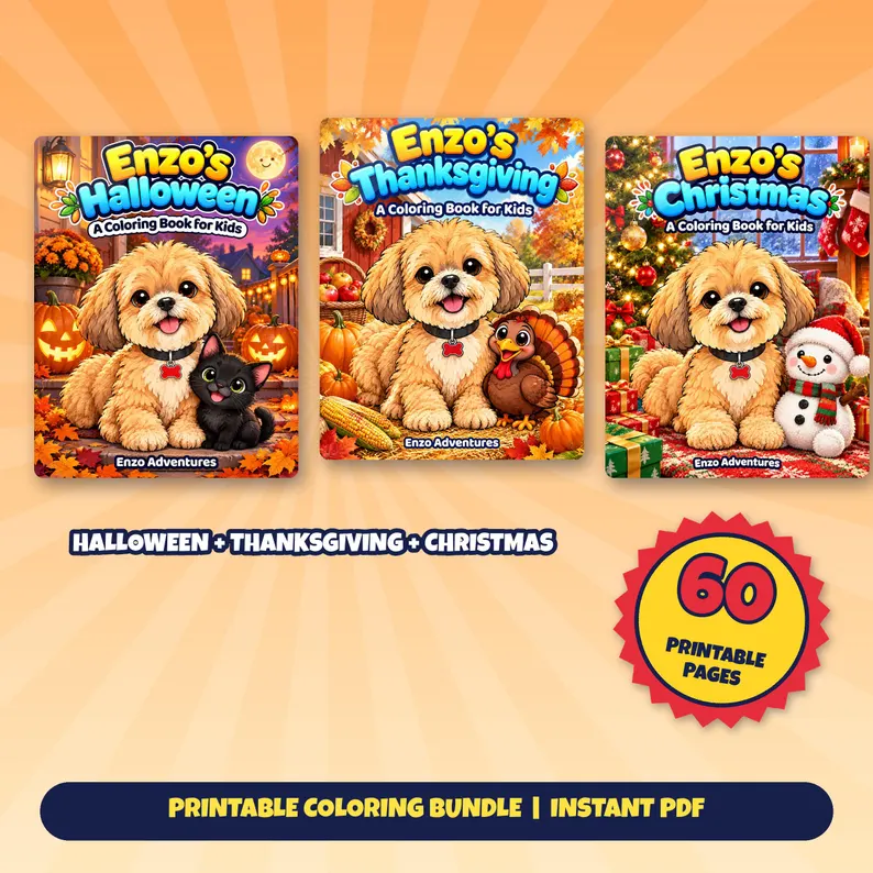 Square Etsy promotional artwork for Enzo's Holiday Bundle: three miniature covers for Halloween, Thanksgiving, and Christmas, with 60 printable pages shown.