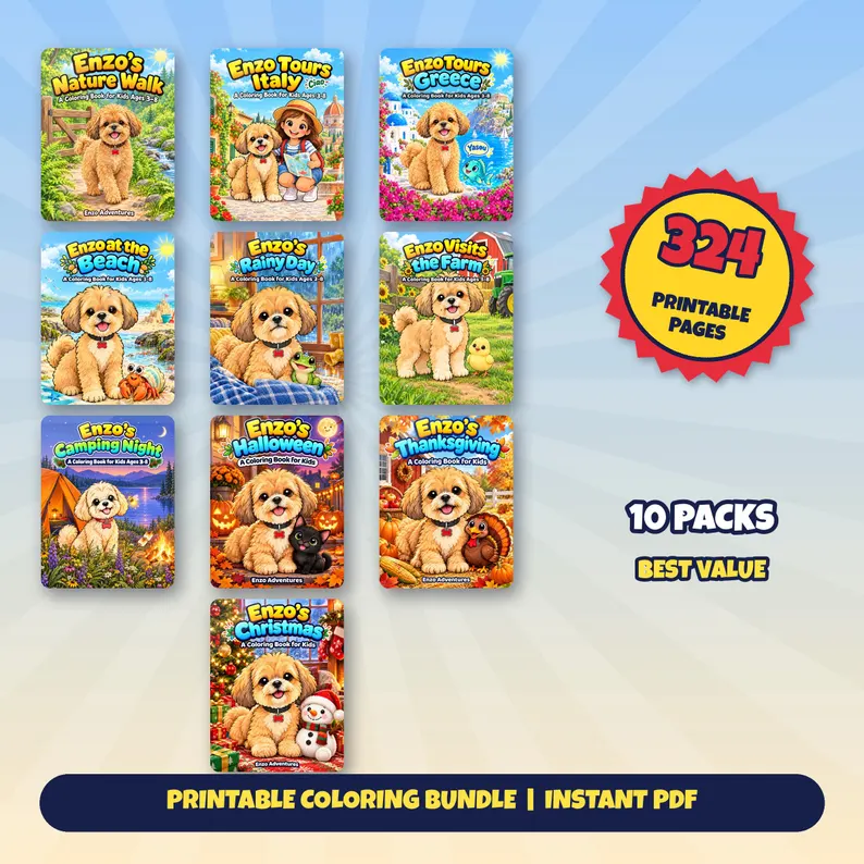 Square Etsy promotional artwork for Enzo Mega Bundle: ten miniature adventure covers, with 10 packs and 324 printable pages shown.