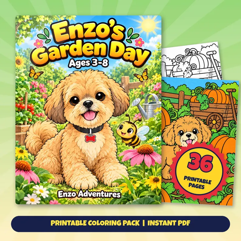 Square Etsy promotional artwork with a cover mockup and sample coloring pages for Enzo Garden Day: Enzo and a bee among garden flowers, butterflies, and a watering can.