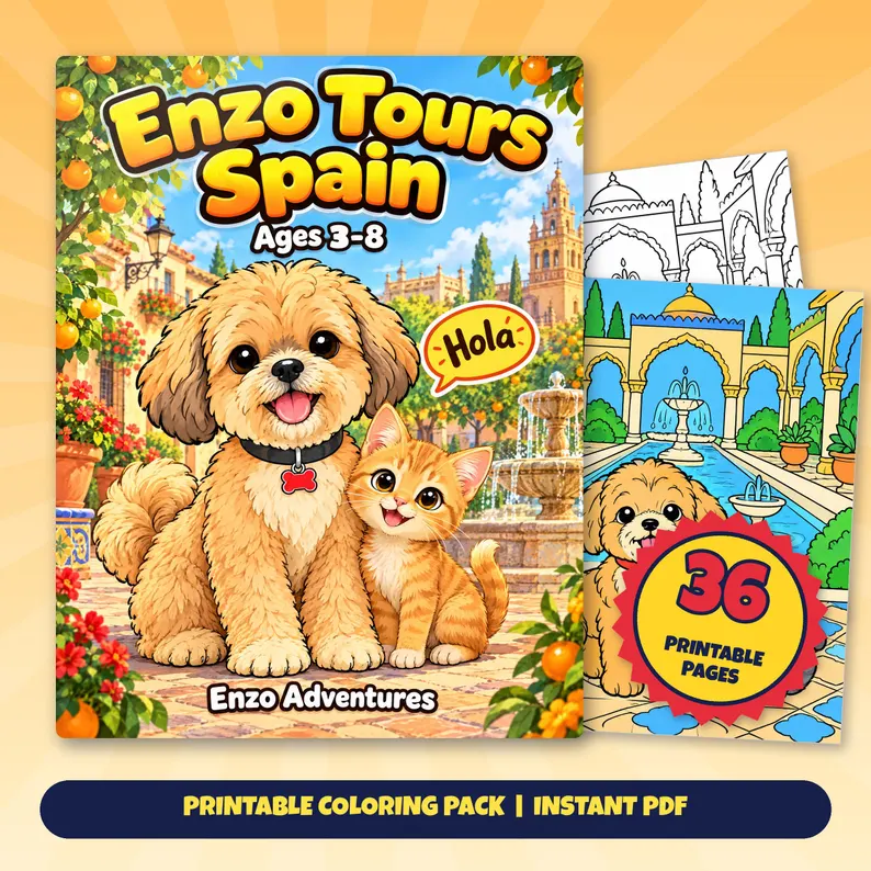 Square Etsy promotional artwork with a cover mockup and sample coloring pages for Enzo Tours Spain: Enzo and a kitten with orange trees, flowers, and a fountain.