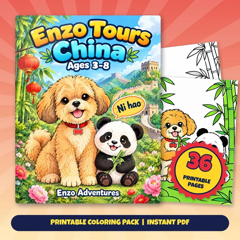 Square Etsy promotional artwork with a cover mockup and sample coloring pages for Enzo Tours China: Enzo and a panda cub among bamboo, flowers, and the Great Wall.