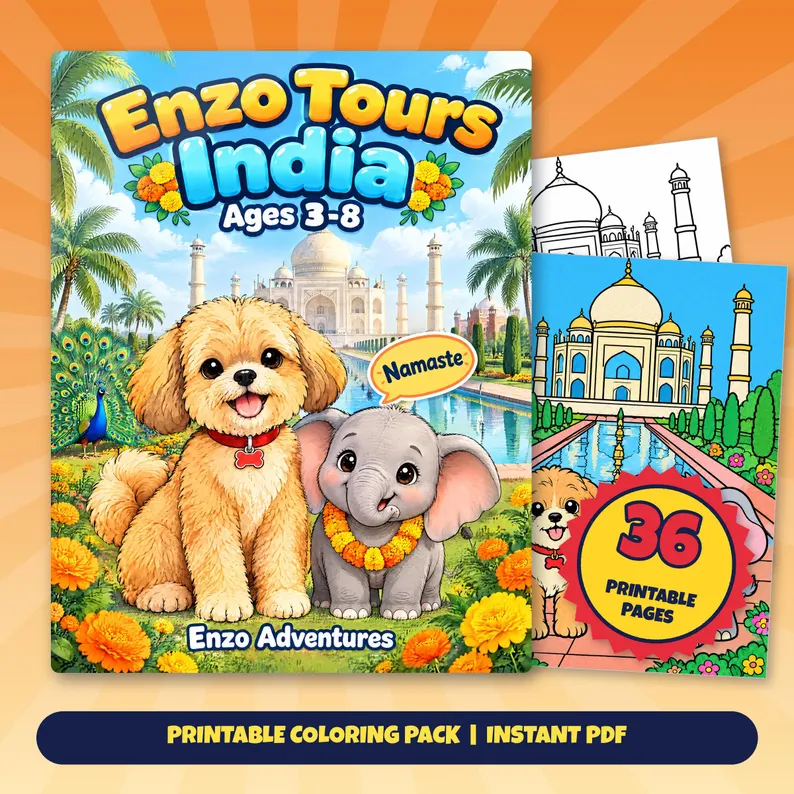 Square Etsy promotional artwork with a cover mockup and sample coloring pages for Enzo Tours India: Enzo and a baby elephant in front of the Taj Mahal and flowers.