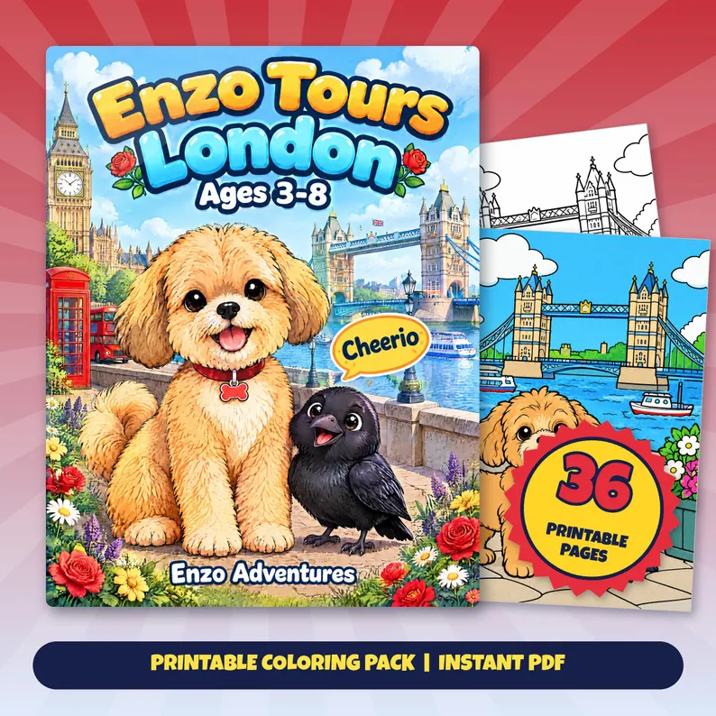 Square Etsy promotional artwork with a cover mockup and sample coloring pages for Enzo Tours London: Enzo and a raven near Big Ben and Tower Bridge.