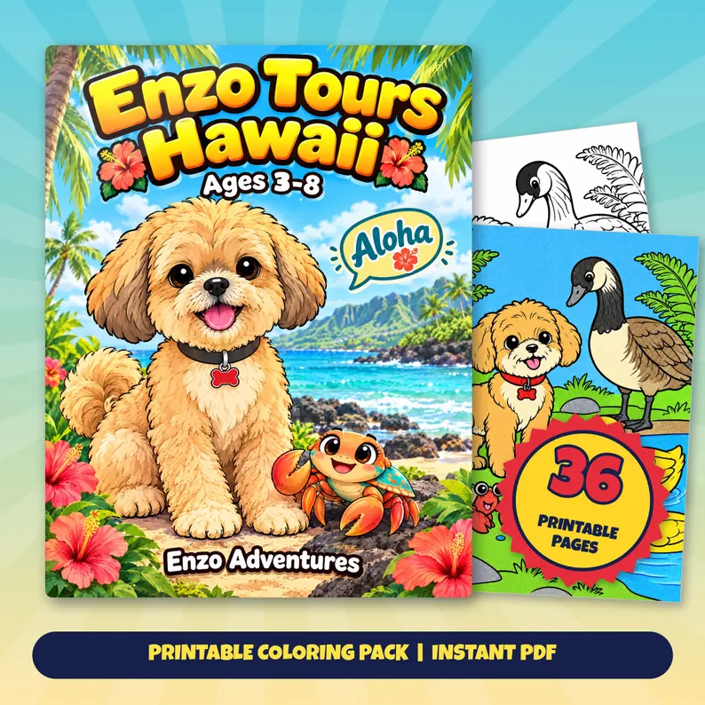 Square Etsy promotional artwork with a cover mockup and sample coloring pages for Enzo Tours Hawaii: Enzo and a hermit crab on a tropical shore with flowers and palm trees.