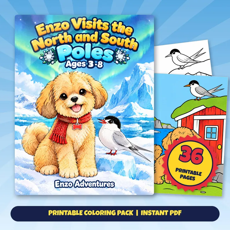 Square Etsy promotional artwork with a cover mockup and sample coloring pages for North and South Poles: Enzo in a scarf beside an Arctic tern, with ice and colorful polar lights.