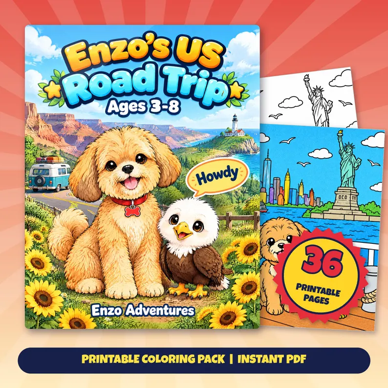 Square Etsy promotional artwork with a cover mockup and sample coloring pages for Enzo's US Road Trip: Enzo and a bald eaglet with a camper van, canyon scenery, and sunflowers.