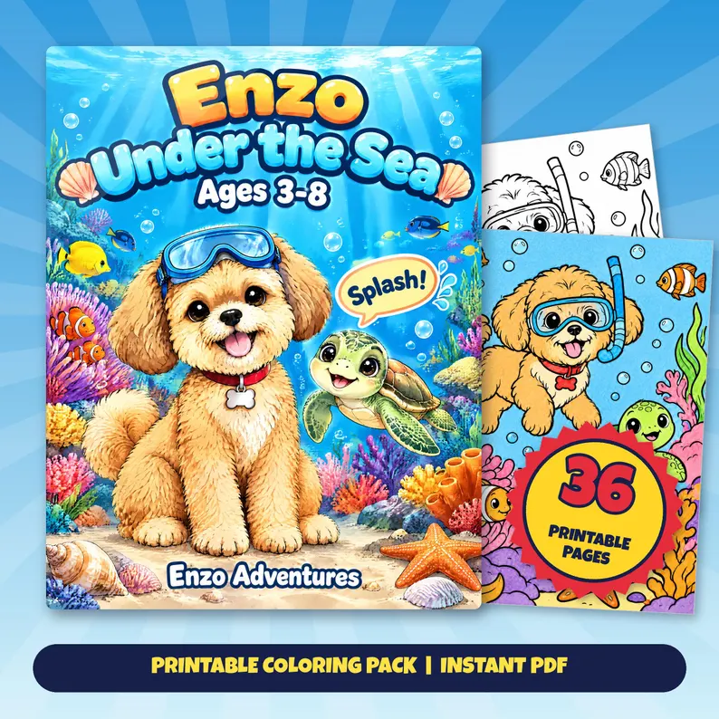 Square Etsy promotional artwork for Enzo Under the Sea: a cover mockup and sample coloring pages showing Enzo wearing snorkel goggles beside a baby sea turtle, coral and tropical fish.